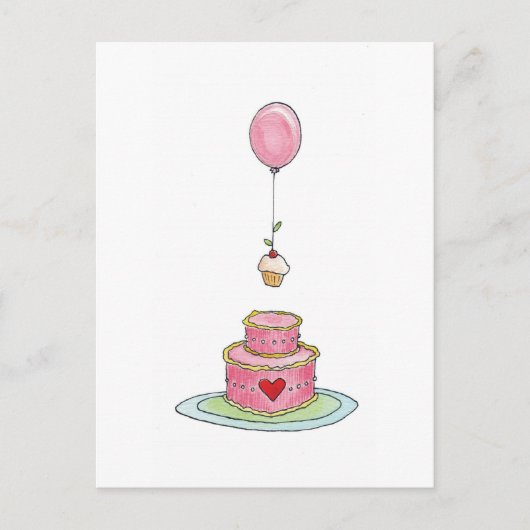 Rosa Kuchen mit Ballon und Cupcake Postkarte (Vorderseite)