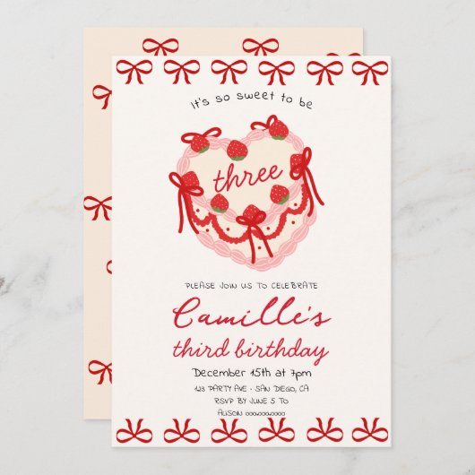 Rosa Kuchen & Roter Bogen Geburtstag Einladung (Vorne/Hinten)