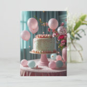 Rosa Kuchen und Balloons Einladung (Stehend Vorderseite)