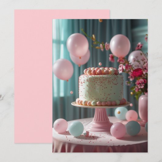Rosa Kuchen und Balloons Einladung (Vorne/Hinten)
