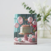 Rosa Kuchen und Balloons Postkarte (Stehend Vorderseite)