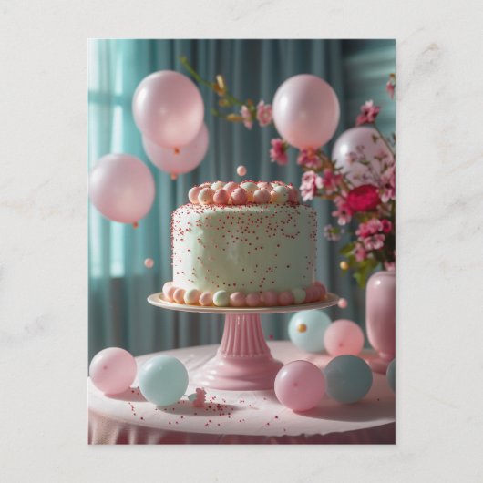 Rosa Kuchen und Balloons Postkarte (Vorderseite)