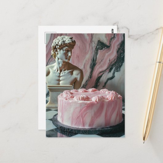 Rosa Kuchen und Marmorstatue Postkarte (Vorderseite/Rückseite Beispiel)