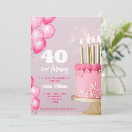 Rosa Kuchenballons, moderner 40. Geburtstag Einladung (Stehend Vorderseite)