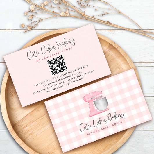 Rosa Küchenmixer QR Code Gingham Bäckerei Visitenkarte