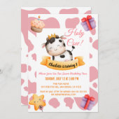 Rosa Kuh Print 1. Geburtstag Holly Cow Einladung (Vorne/Hinten)