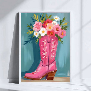 Rosa Kuhgirl-Stiefel-Blumenstrauß-Aquarell Poster