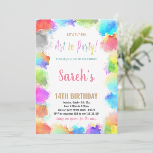 Rosa Kunst im Party Paint Birthday Einladungen (Stehend Vorderseite)