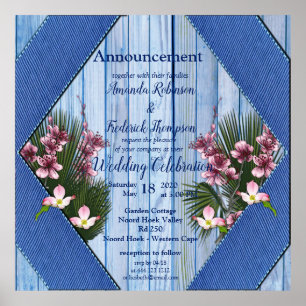 Rosa Künstlerische Blume auf Blue-wood-Textur Poster