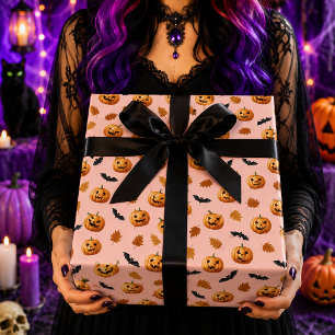 Rosa Kürbis-Fledermäuse-Herbstlaub-Halloween-Muste Geschenkpapier