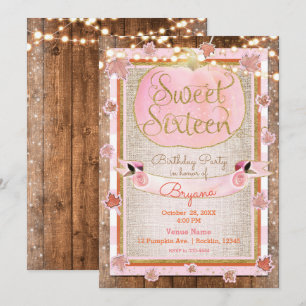 Rosa Kürbis Herbstlaub Rustikale SWEET 16 Party Einladung