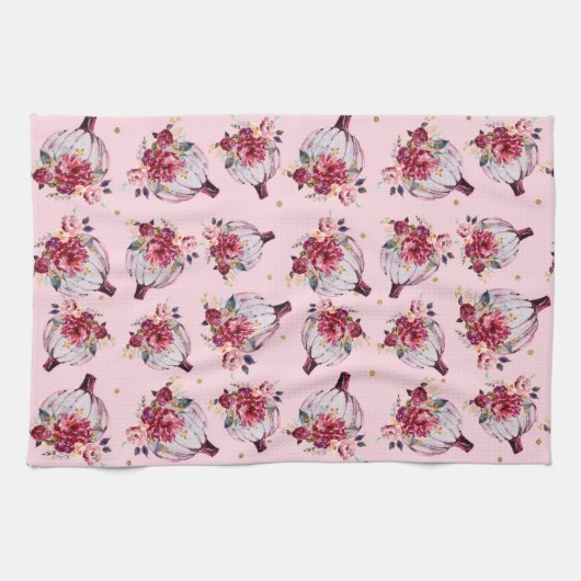 Rosa Kürbis Herbstmuster mit Blumenbeeren Geschirrtuch (Horizontal)