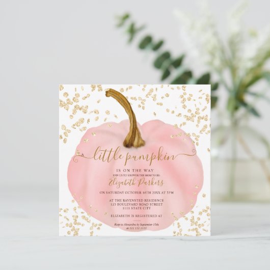 Rosa Kürbiskuppeldusche aus Gold Glitzer Einladung (Stehend Vorderseite)