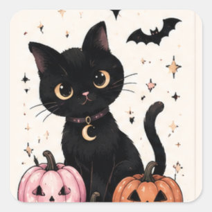 Rosa Kürbismond-Halsband schwarze Katze Quadratischer Aufkleber