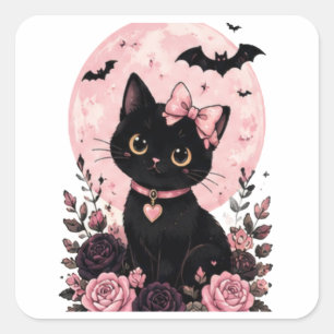 Rosa Kürbismond-Halsband Schwarze Katze Quadratischer Aufkleber