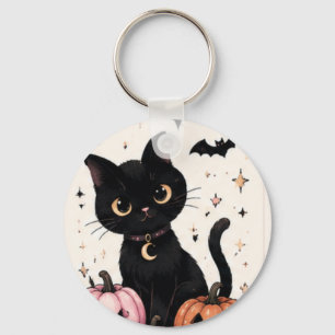 Rosa Kürbismond-Halsband schwarze Katze Schlüsselanhänger
