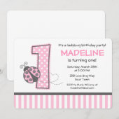 Rosa Ladybug 1. Geburtstag Einladung (Vorne/Hinten)