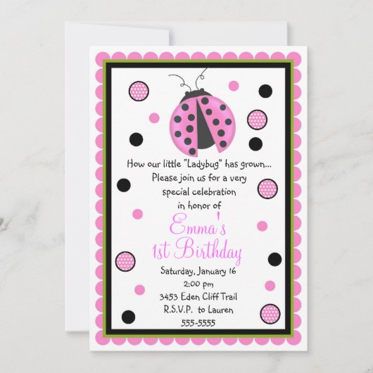 Rosa Ladybug - Einladungen zum Geburtstag (Vorderseite)