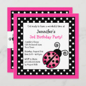 Rosa Ladybug Geburtstag - Schwarze und weiße Polka Einladung (Vorne/Hinten)