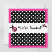 Rosa Ladybug Geburtstag - Schwarze und weiße Polka Einladung (Rückseite)