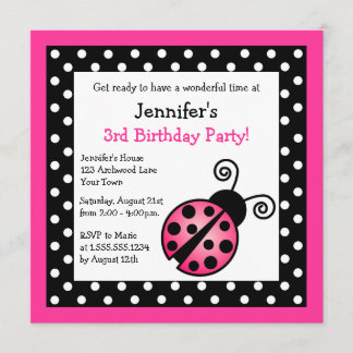 Rosa Ladybug Geburtstag - Schwarze und weiße Polka Einladung
