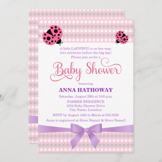 Rosa Ladybug mit Lavendel und SilberBaby-Dusche Einladung (Vorne/Hinten)