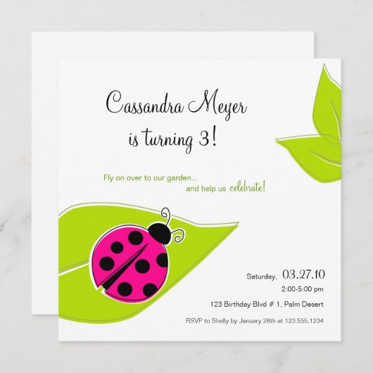 Rosa Ladybug Platz Geburtstag Einladung (Vorne/Hinten)