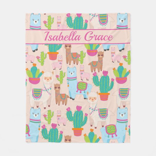 rosa Lama- und Kaktusmuster Fleecedecke (Vorderseite)