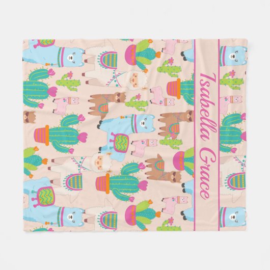 rosa Lama- und Kaktusmuster Fleecedecke (Vorderseite (Horizontal))