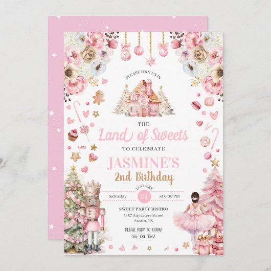 Rosa Land der Süßigkeiten Zucker Pflaume Fairy Nut Einladung (Vorne/Hinten)