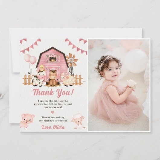 Rosa Landtiere Geburtstag Foto Danke Karte (Vorderseite)
