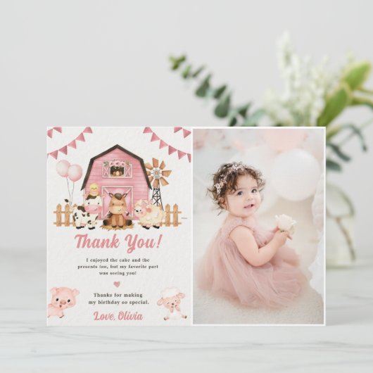 Rosa Landtiere Geburtstag Foto Danke Karte (Stehend Vorderseite)