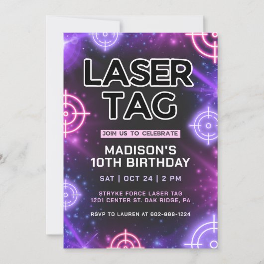 Rosa Laser Tag Glow Geburtstag Einladung (Vorderseite)