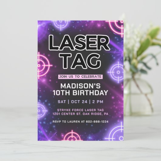Rosa Laser Tag Glow Geburtstag Einladung (Stehend Vorderseite)