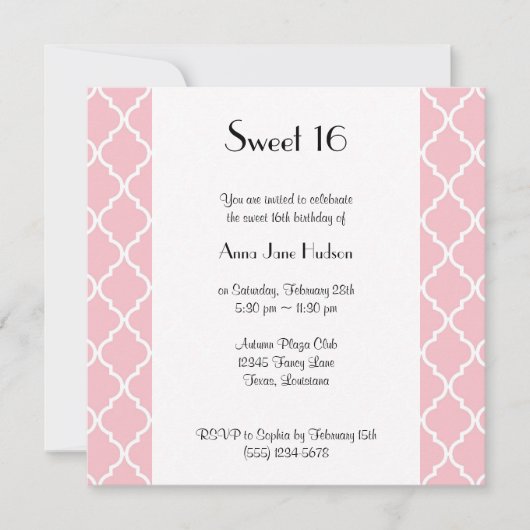 Rosa Latticework, Quatrefolie, Trellis, süß 16 Einladung (Vorderseite)