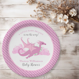 Rosa Launenhafte Mädchen-Drache-Baby-Party Pappteller