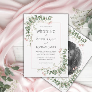 Rosa Launische Blumige Foto Vintage-Hochzeit Einladung
