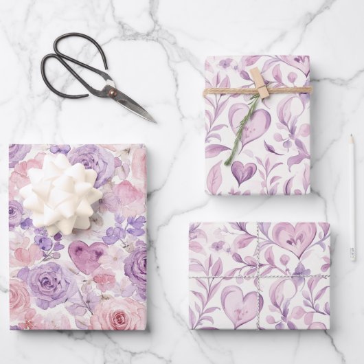 Rosa Lavendel Blumen Herzen Geburtstag Geschenkpapier Set (Vorderseite)