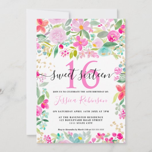 Rosa Lavendel lockere blumengoldene Schrift Sweet Einladung (Vorderseite)