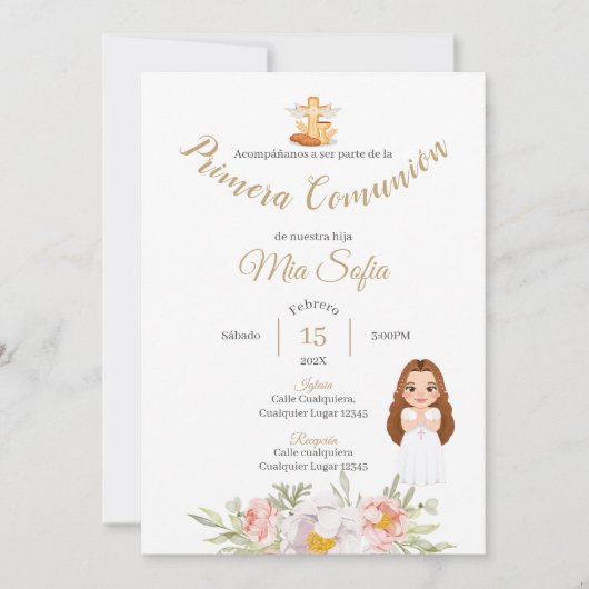 Rosa Leaf Girls Erste Kommunion Einladung (Vorderseite)