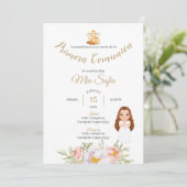 Rosa Leaf Girls Erste Kommunion Einladung (Stehend Vorderseite)