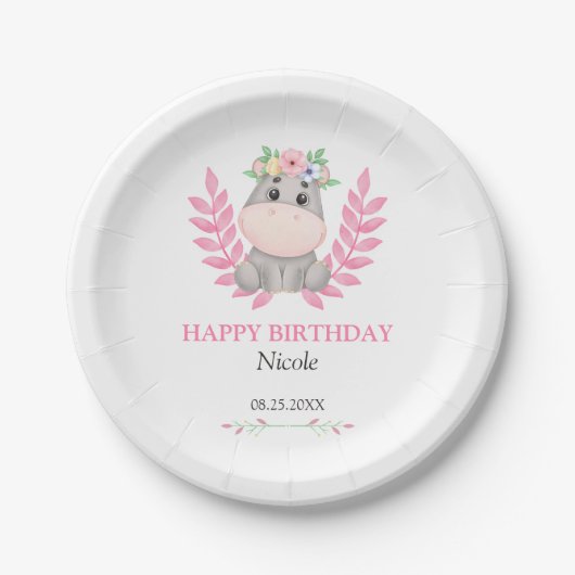 Rosa Leaf Niedlich Hippo Floral Happy Birthday Pappteller (Vorderseite)