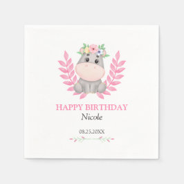 Rosa Leaf Niedlich Hippo Floral Happy Birthday Serviette