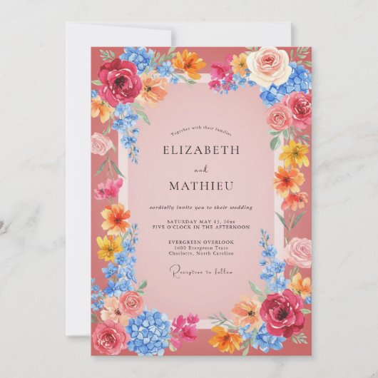 Rosa lebendige florale Hochzeit Einladung (Vorderseite)