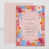 Rosa lebendige florale Hochzeit Einladung (Vorne/Hinten)