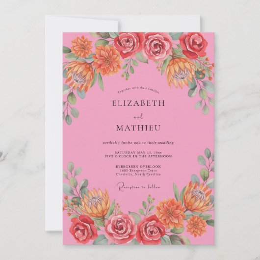 Rosa lebendige florale Hochzeit Einladung (Vorderseite)