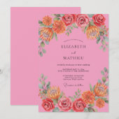 Rosa lebendige florale Hochzeit Einladung (Vorne/Hinten)