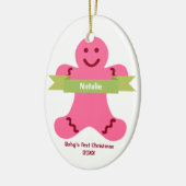 Rosa Lebkuchen Kind grüner Banner Name Baby zuerst Keramikornament (Links)