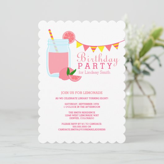 Rosa Lemonade Geburtstagsparty Einladung (Stehend Vorderseite)