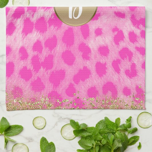 Rosa Leopard Cheetah Print Gold Glitzer Monogram Geschirrtuch (Gefaltet)